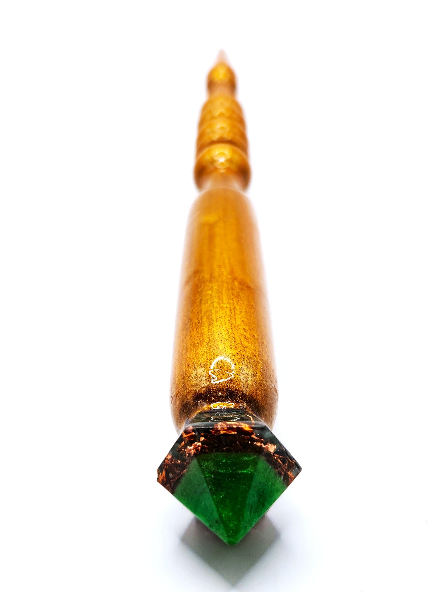 Emerald Hand-Turned Wooden Orgonite Wand - Golden