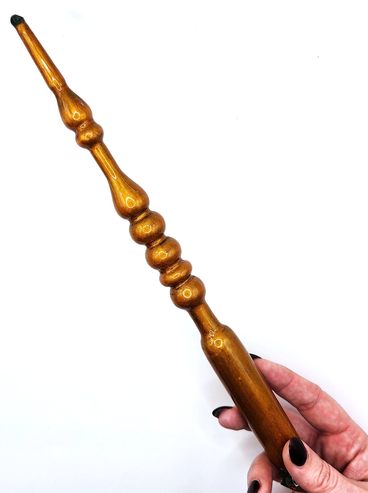 Emerald Hand-Turned Wooden Orgonite Wand - Golden