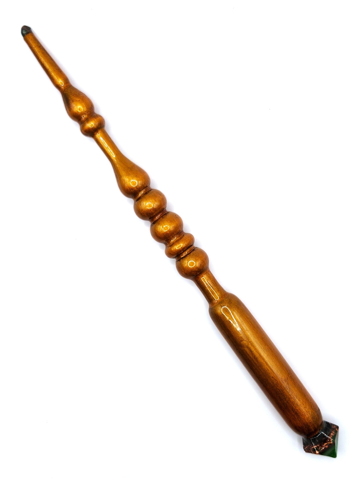 Emerald Hand-Turned Wooden Orgonite Wand - Golden